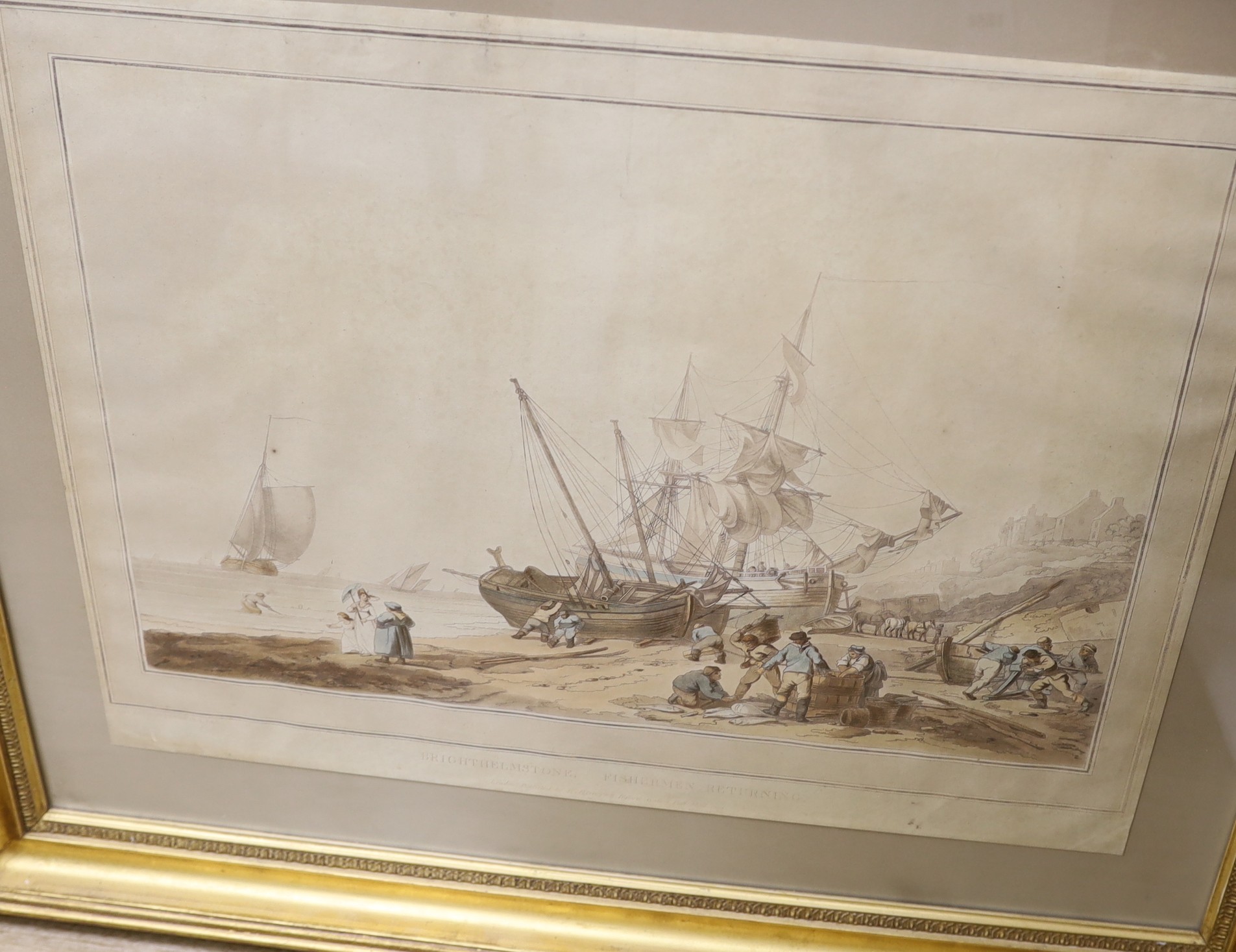 A group of assorted antique and later paintings and prints, including Lewes and Brighton topography, largest 'Brighthelmstone, Fishermen returning' after Loutherbourg, 43 x 56cm